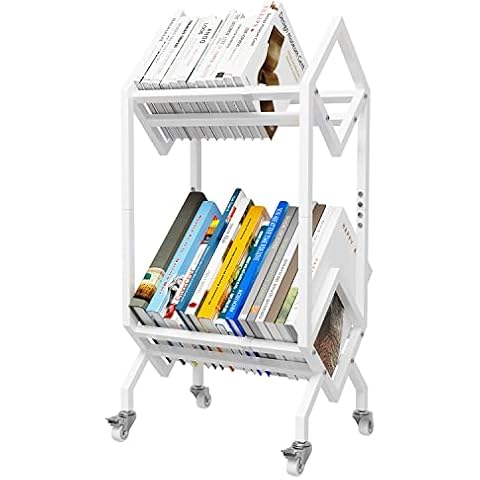 VEDECASA White Bookshelf Book Rack Industrial Metal Bookcase 2 Tier Holder with Wheels Modern Stylish Design Magazines Files Album Recipe Book Storage Organizer for Sofa End Bed Beside Cover