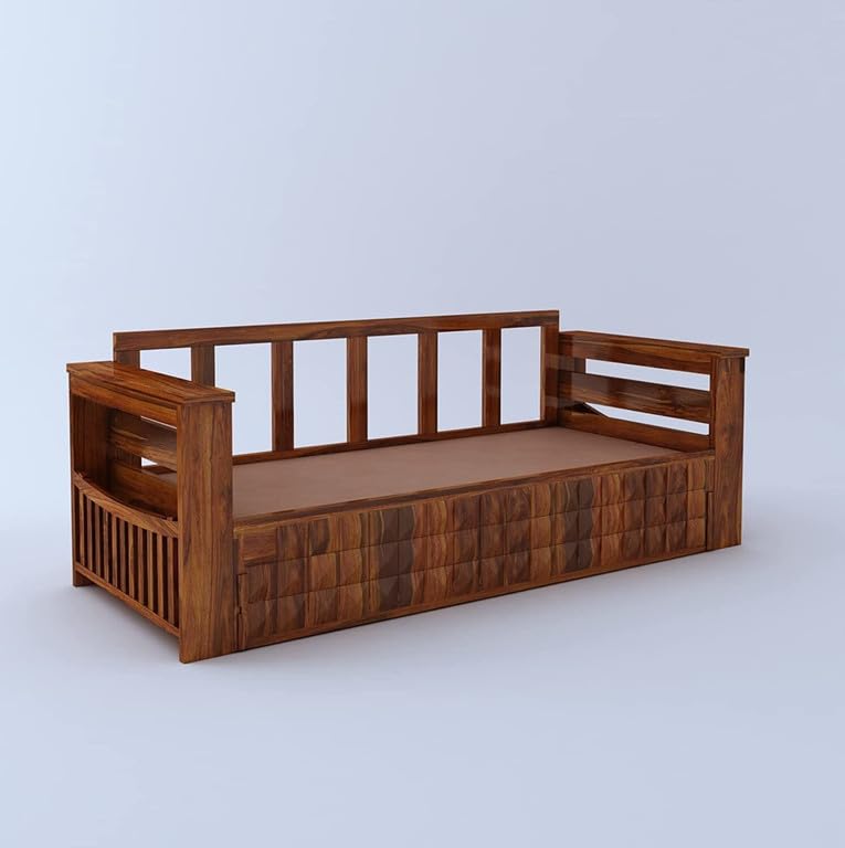 Image of Solid Sheesham Wood Sofa Cum Bed 2 Seater | Wooden Foldable Double Bed for Living Room with Headboard & Storage | Bed Cum Sofa with Mattress for Home | Diamond Design (Honey Finish)