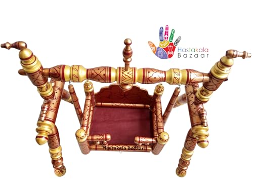 Image of Stronge Wooden Foldable Laddu Gopal Jhula | Krishna Parna | Krishna Palana Hindola | Wooden God Jhula Big Size | Royal & Antique Krishna Swing for Pooja Home (Pearl Yellow Copper)