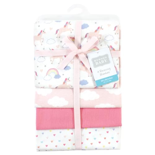 Image of Hudson Baby Unisex Baby Cotton Poly Flannel Receiving Blankets, Unicorns Rainbows, One Size