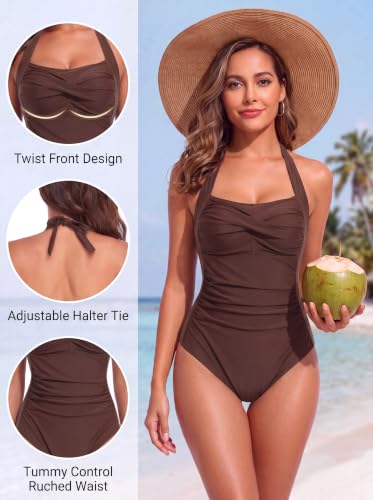 Image of Smismivo Tummy Control Swimwear Halter One Piece Slimming Vintage Retro Swimsuit Womens Ruched Push Up Bathing Suit