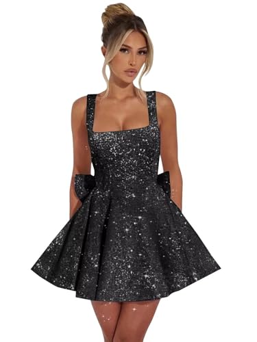 Sparkly Sequin Homecoming Dresses 2025 Square Neck Short Graduation Pageant Party Dress with Bow