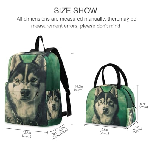 Husky on Green Print Backpack Set with Lunch Bag, Large Capacity Travel Backpacks and Lunch Box Insulated for Commute Hiking Picnic2