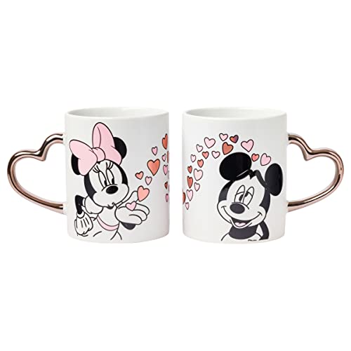 Silver Buffalo Minnie Blowing Kiss to Mickey with Hearts Gold Heart Shaped Handle 2 Pack Ceramic Mug...