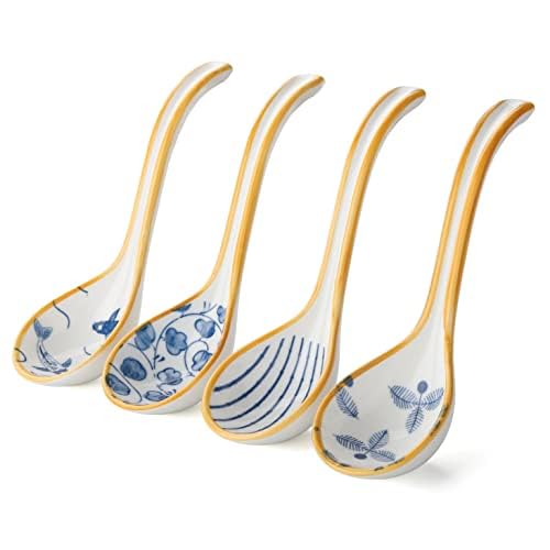 Cucchiaio da minestra asiatico in ceramica cinese Set di 4 cucchiai da zuppa ramen in porcellana cucchiai da tavola per antipasto di cereali Pho Miso gnocchi (stile 3)