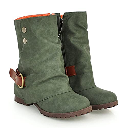 VOKLIN Women's Winter Slouch Riding Mid Calf Boots Round Toe Slip On Lace Up Low Heel Casual Warm Fur Boots2