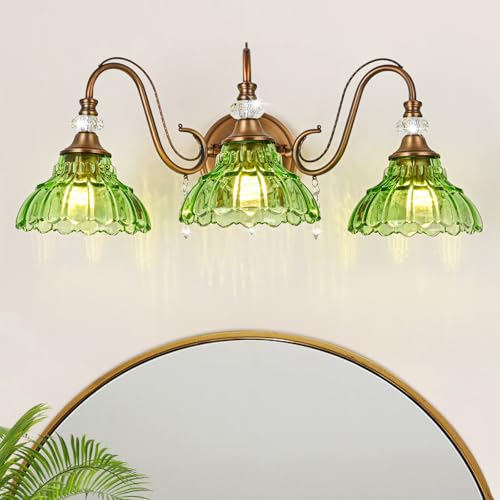 Image of Vintage Bathroom Vanity Light, 3-Light Matte Antique Brass Finish Wall Sconce with Hanging Crystal Accents and Flower-Shaped Green Glass Shades, Retro Wall Mount Vanity Light Over Mirror for Bathroom
