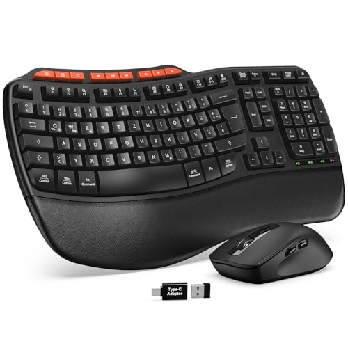 Tastatur Maus Set Kabellos 2 4GHz Wave Tasten in Voller Größe Ergonomische Tastatur mit Gepolsterte Handballenauflage und 4 Neigungswinkel 3 DPI Maus für Windows/Mac OS/Desktop/Laptop/PC - MA31