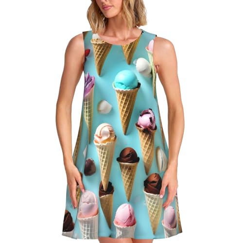 TTYDOKLA Vestido casual sin mangas con estampado de conos de helado para mujer, para vacaciones en la playa y uso diario, Negro, M