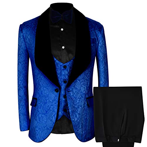 WEEN CHARM Men Shawl Collar 3 Pieces Suits Peaked Lapel Blazer Jackets & Vest & Trousers Prom Tuxedo Blue