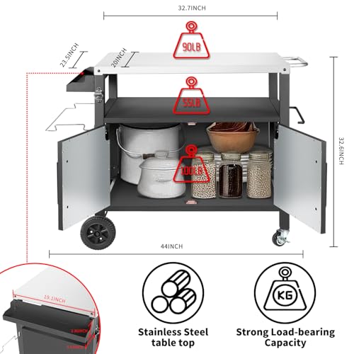 Kendane Grill Cart Table with Big Storage Cabinet, Movable Outdoor Dining Cart Pizza Oven Stand, Kitchen Cart Island Multifunction Food Prep Table Stainless Steel Surface