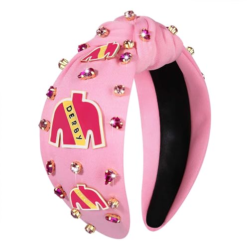 mokkia Kentucky Derby Headband, Red Top Knot Beaded Hairband with Horseshoe Charms and Rhinestone Embellishments, Women Hair Accessories for Derby, Horse Racing, Parties