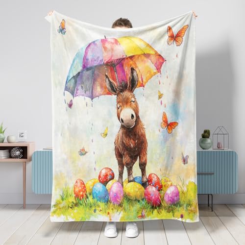 Manta de primavera y Pascua, burro de 60 x 80 pulgadas, divertida manta de franela cálida y esponjosa para dormitorio, camping, viajes, decoración de sofá de animales