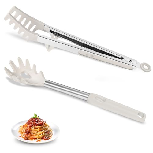 Zattic 2-Piece Silicone Spaghetti Spoon and Pasta Tong Set, Heat-Resistant Non-Stick Noodle Server with Teeth, 13“ BPA-Free Spaghetti Strainer Fork, Stainless Steel Handle for Pasta Cooking, Beige