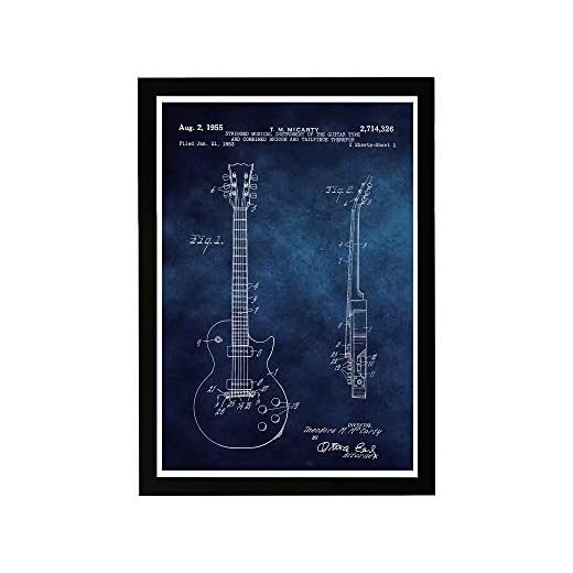 Wynwood Studio Pintura artística enmarcada para pared, diseño de guitarra Gibson Les Paul Guitar 1955, decoración del hogar, regalos para músicos, planos, 13 x 19 pulgadas, azul, blanco