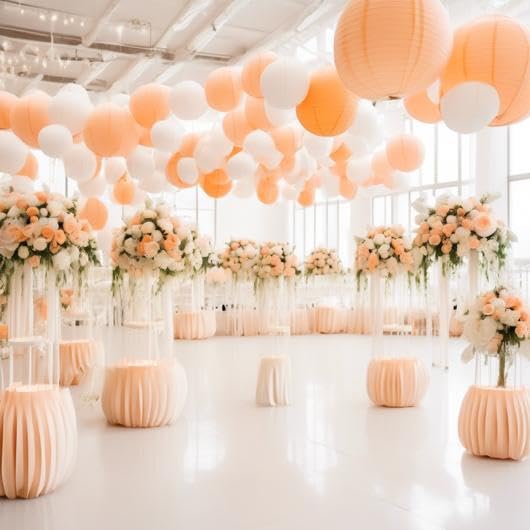 Image of Pack of 3 Round Paper Lanterns Lamp Wedding Birthday Party Decoration (Peach, 10 inch /25CM)