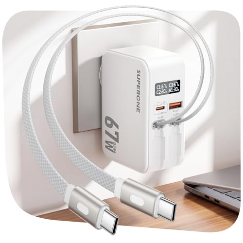 Image of SUPERONE 67W GaN Retractable Wall Charger with 3.3ft [Nylon Braided] Dual USB C Cables, 4-in-1 Smart Display MacBook Charger, Fast Charging Block for iPhone 17 /16 /15 /14, Laptop, iPad, Pixel, Galaxy
