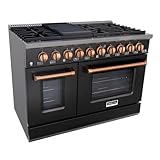 Akicon 48 Inch Freestanding Gas Range - 6.7 cu. ft. Double Rapid Convection Gas Oven Stove with 8 Sealed Burners & a Griddle, Heavy Duty Cast Iron Grates (Black & Copper)