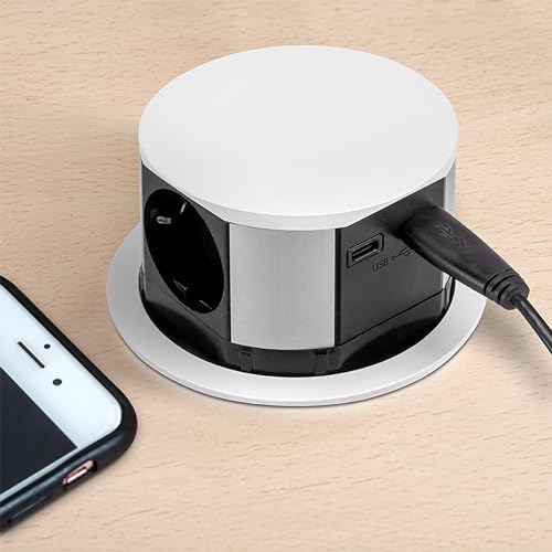 Emuca - Multiconnettore Vertikal Push Diametro 100Mm, 3 Spine Di Tipo Schuko, 1 Usb Tipo A, 1 Usb Tipo C, Acciaio E Tecnoplastica, Verniciato Bianco - 5