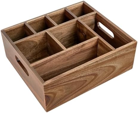 VaeFae Acacia Wood Caddy Organizer, Napkin and Paper Plate Holder, Wooden Utensil Holder, Silverware Caddy for Kitchen, Camping, Party