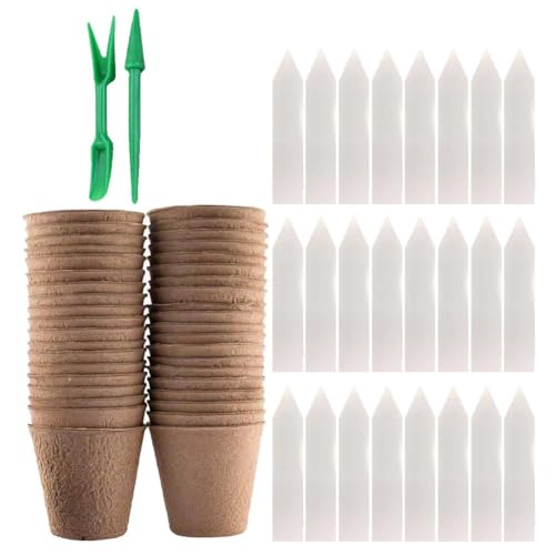 FUWIND Paquete de 50 Macetas de Turba 3,15 Pulgadas con 50 Etiquetas para Plantas Macetas de Vivero para Germinación de Jardín Al Aire Libre, Kits de Macetas de Semillas Biodegradables