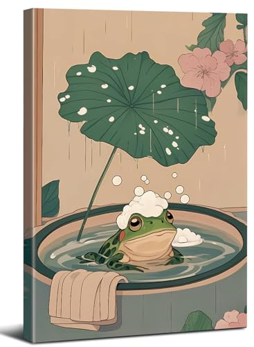 ZHAXFA Framed Japanese Bathroom Frog Canvas Wall Art,Vintage Japanese Funny
