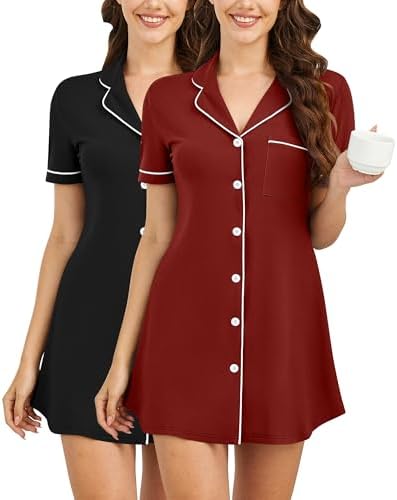 2 Pack Nightgowns for Women Button Down Sleepshirt Short Sleeve Sleepwear Soft Nightshirts V Neck Pajama Dress