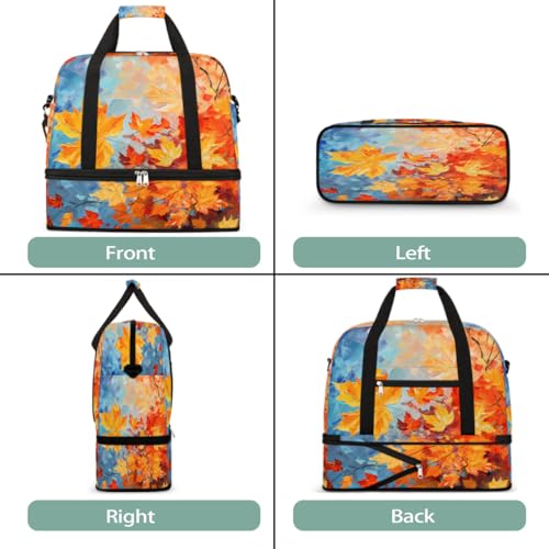 Foldable Carry On Bag for Travel, Expandable Duffle Bag with Shoe Compartment, Autumn Maple Leaf Oil Painting Lightweight Sports Gym Tote with Trolley Sleeve3