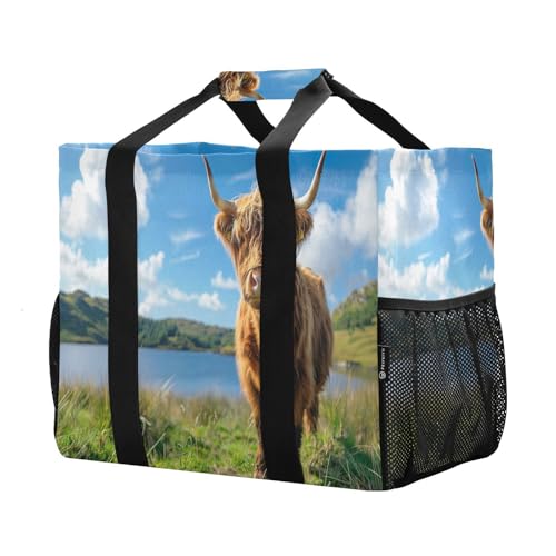 YETTASBIN Hignland Cow Large Foldable Travel Tote Bag, Lightweight Waterproof Swim Pool Bag with Handles & Pocket for Beach Outdoor, Reusable Grocery Bag for Kitchen, Shopping