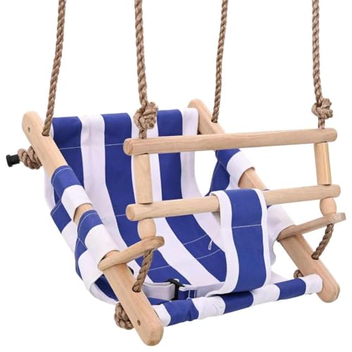 Teenpull Columpio para bebé de algodón y madera con cinturón de seguridad y aro, 35 x 30 x 57 cm, para bebés de 6 a 36 meses, color azul, longitud de cuerda ajustable, ideal para jardín y habitación