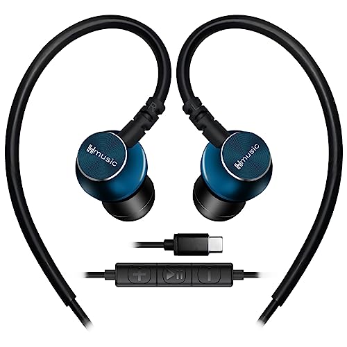 Hmusic Sports Earbuds Wired with Microphone, USB Type C Metal Shell Earplugs in-ear Headphones with Over Ear Hook Earphones for Sports, Running, Workout, Exercising, Gym (Green)