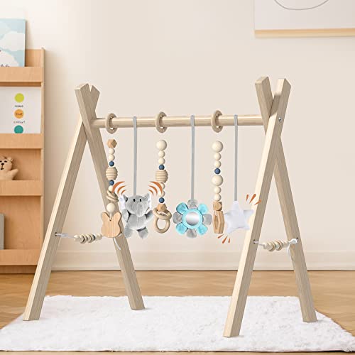 Wooden Baby Play Gym For Baby Gym With 6 Infant Toys, Maazo Foldable Baby Play Gym Frame Activity Center Hanging Bar Newborn Toys Baby Gifts Easy To Assemble (Natural Color) #TOP3