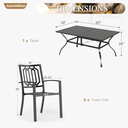 Image of Sophia & William Patio Dining Set Metal Outdoor Table and Chairs Furniture Set 7 Piece, Large 60.2 inch Dining Table with Umbrella Hole and 6 Backyard Garden Chairs Support 300LBS for Deck, Lawn, Garden
