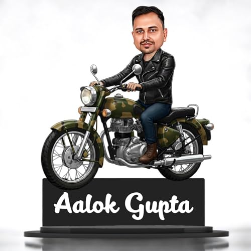 Image of Taxton Custom Bike Rider Caricature Personalized Wooden Bike Photo Frame for Men | 7.5 Inch Durable Double Wood Print with Acrylic Name Plate (Army)