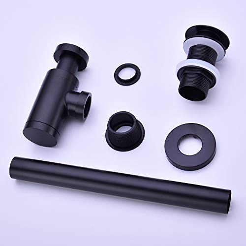 GORDEE Bathroom Sink Stopper P-Trap Complete Set Adjustable 1-1/4 Bottle Trap Solid Brass Sink Drain Kit Tube and Pop Up Drain Stopper Set without Overflow, Matte Black
