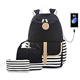 Lmeison Women Teen Girls Backpack with Lunch Bag&Pencil Case, Charging Bookbag with USB Charging Port, Canvas Travel Casual Daypack for Student 15.6 inch Laptop Bag for Middle School, Wear Resistant