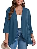 AusLook Women's Plus Size 3/4 Sleeve Lightweight Open Front Cardigan Blue 2X Draped Ruffles Causal Cover Ups Shrugs Tops Shawls and Wraps Kimono Jacket Coat