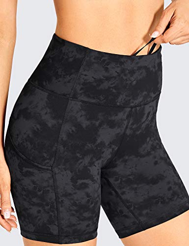 Crz Yoga Women's Naked Feeling Light Running Shorts 6 Inches - High Waisted Gym Biker Compression Shorts With Pockets Tie Dye Smoke Ink Small #TOP3