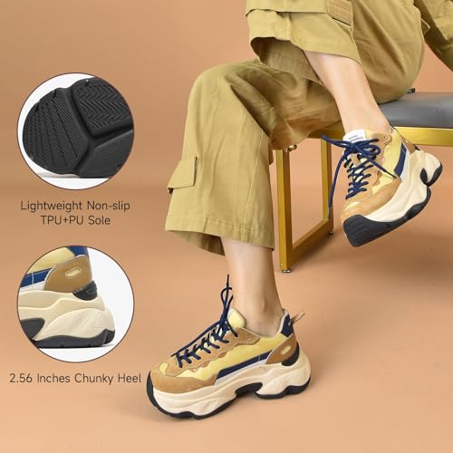 Image of BEAU TODAY Womens Chunky Sneakers, Walking Shoes for Women, Lace up Comfortable Platform Fashion Dad Sneakers Yellow Blue US Size 9