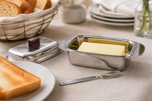 Image of Kanshita's Rasoiware Stainless Steel Butter Box with Lid & Knife (100g, 16 x 11 x 5.5 cm) | Butter Storage Container for Fridge & Dining Table | Rust-Resistant Mirror Finish Butter Dish