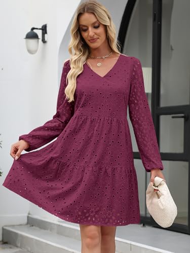 ANRABESS Long Sleeve V Neck Dresses for Women Eyelet Hollow Out Business Casual Tiered 2025 Fall Mini Dress with Pockets2