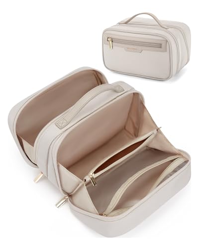 Image of BAGSMART Travel Makeup Bag Large Capacity Cosmetic Bag, Wide-open Portable Make Up Bag Organizer for Women for Travel Essentials Travel-Size Toiletries Accessories Bottles, Brushes (Warm Gray)