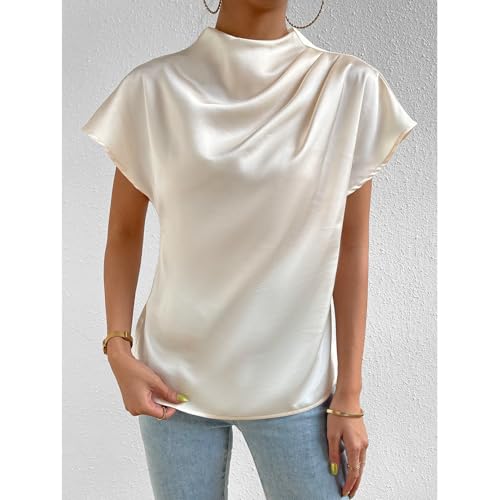 AEAEAE Women's Elegant Satin Short Sleeve Mock Neck Blouse Shirt Top (UAE/KSA, Alpha, M, Regular, Regular, White)