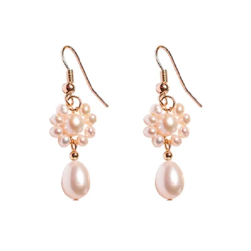 Pendientes de perla de agua dulce plateados en oro de 14K - Diseño de aro de gota tejido a mano, pendientes delicados, elegantes y ligeros para uso diario