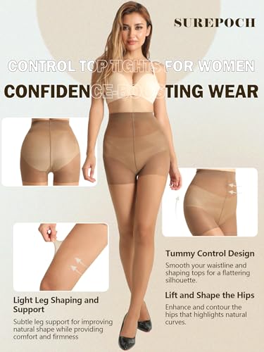 Image of SUREPOCH 20D Sheer Tights Control Top Black Pantyhose for Women Tummy Control Nylon Stockings