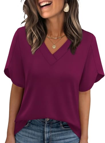 Image of WIHOLL Womens Summer Tops Short Petal Sleeve Shirts Fashion V Neck Womens Clothing