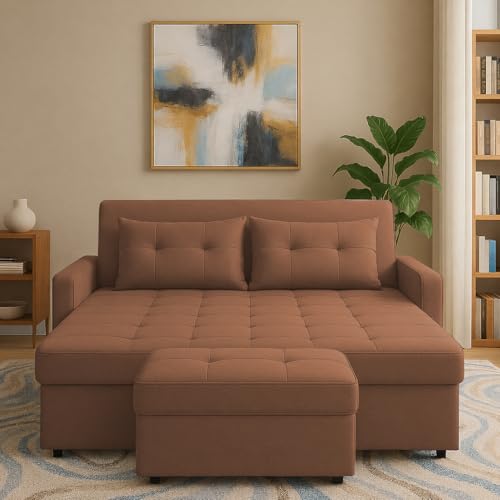 Image of Emilio 2-Seater Sofa Cum Bed for Living Room, Office & Home with Center Table | Premium Fabric Pull-Out Sofa Set with 1 Year Warranty | Space Saving Convertible Sleeper Sofa | Brown Colour