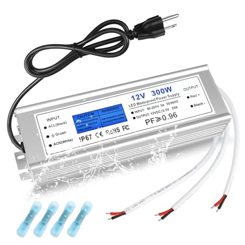 Image of LED Driver 300 Watts, IP67 Waterproof 12V Power Supply, AC 90-140V to DC 12V 25A Low Voltage Transformer with 3-Prong Plug 3.28ft Cable for LED Lights, Computer Project, Outdoor Use