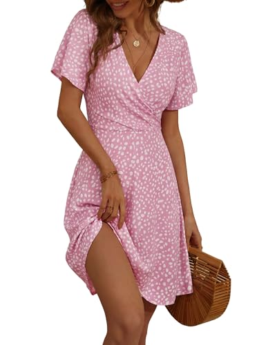 FENSACE Graduation Dress for Mom Summer Knee Length Wrap V Neck Casual Wedding Bridal Shower Dresses for Guest(Pink-117,Small)