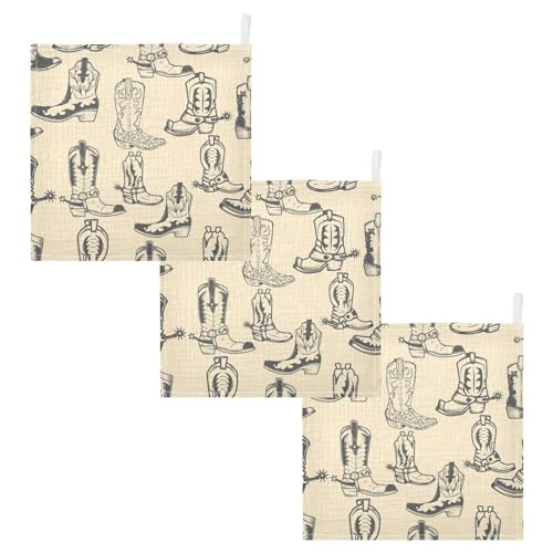 Image of Cowboy Boots Baby Muslin Washcloths Face Towel, Western Burp Cloths Cotton Wipes 3 Pack Infant Wash Cloth for Newborn Boys Girls 12x12 inches